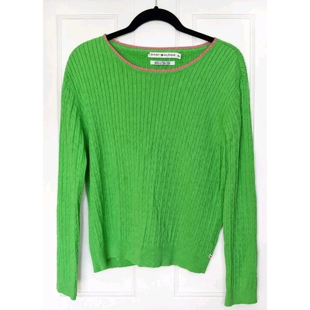 Vintage 90s Y2K Tommy Hilfiger Lime Green Cable Knit Sweater XL Brat Preppy